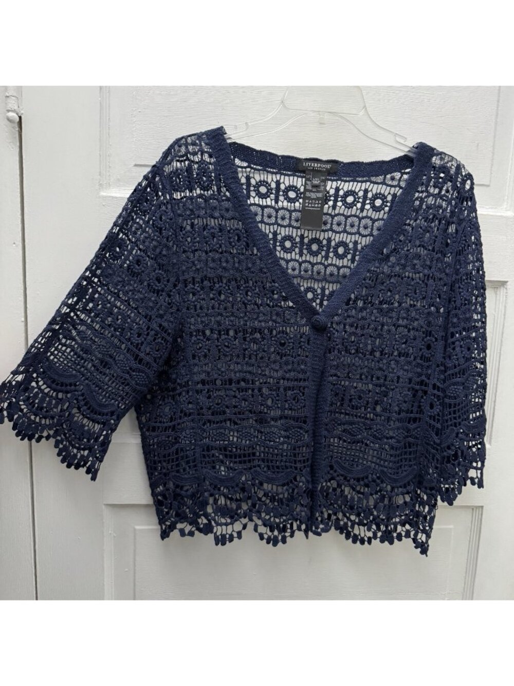 Liverpool Los Angeles Lace Crochet Cardigan Navy Open Knit L/XL Cotton Boho
